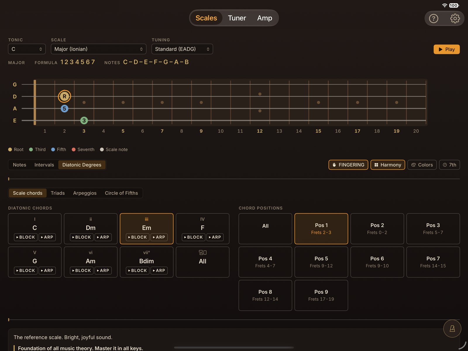 UnitBasse on iPad: the C major scale on the fretboard, each note colored by its role