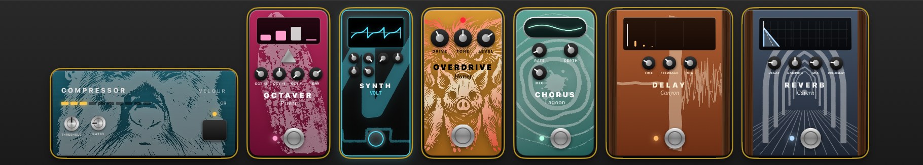 The pedalboard: Compressor, Octaver, Synth, Overdrive, Chorus, Delay and Reverb
