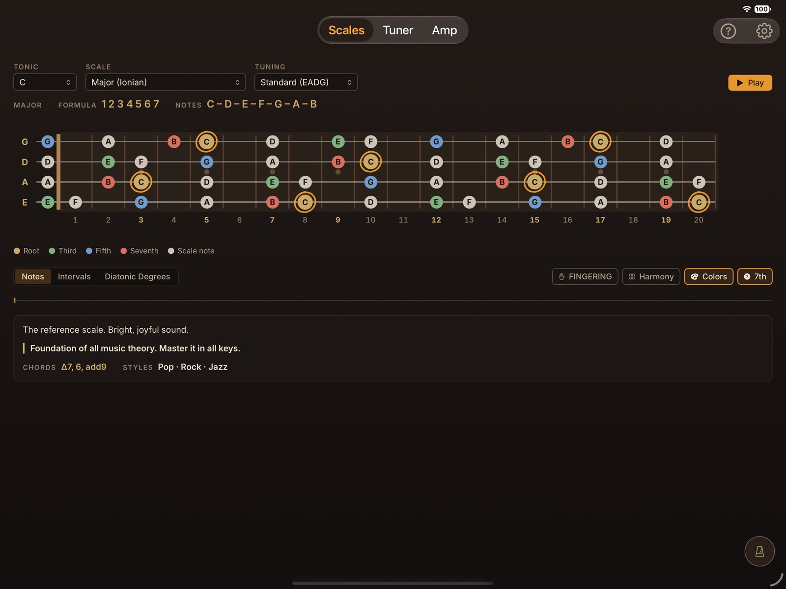 The Scales module: the C major scale on the fretboard, each note colored by its role