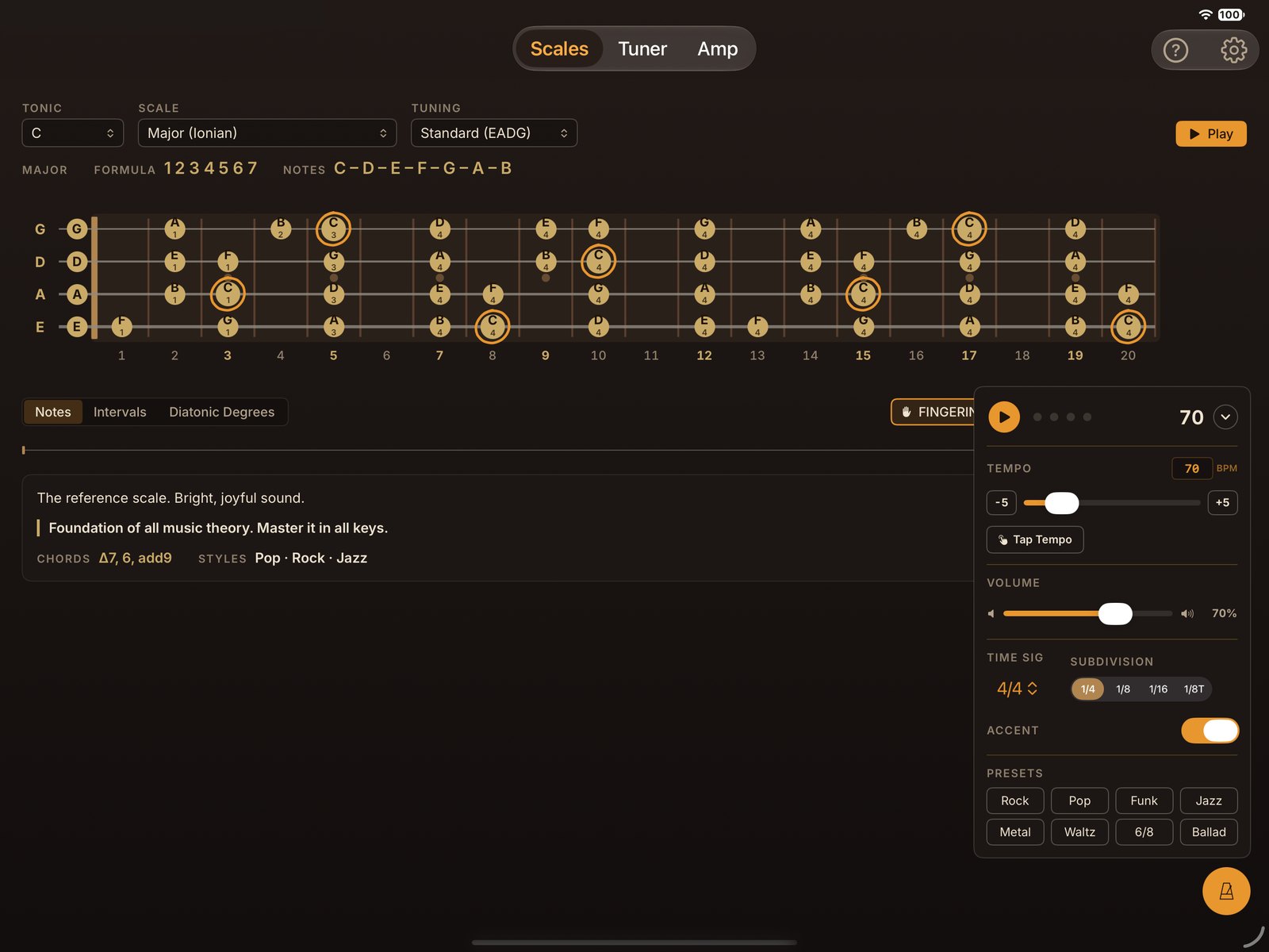 The metronome: tempo, Tap Tempo, time signature, subdivisions and presets