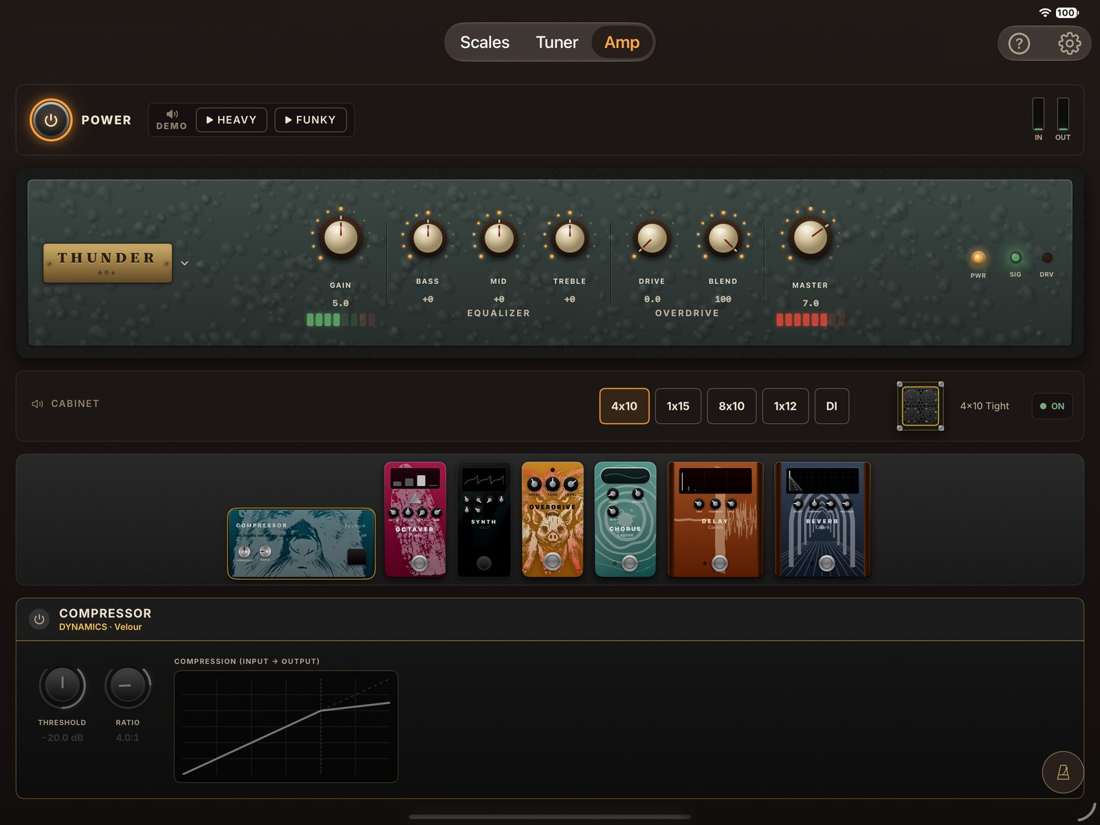 The Thunder amp switched on, its cabinet and the seven pedals