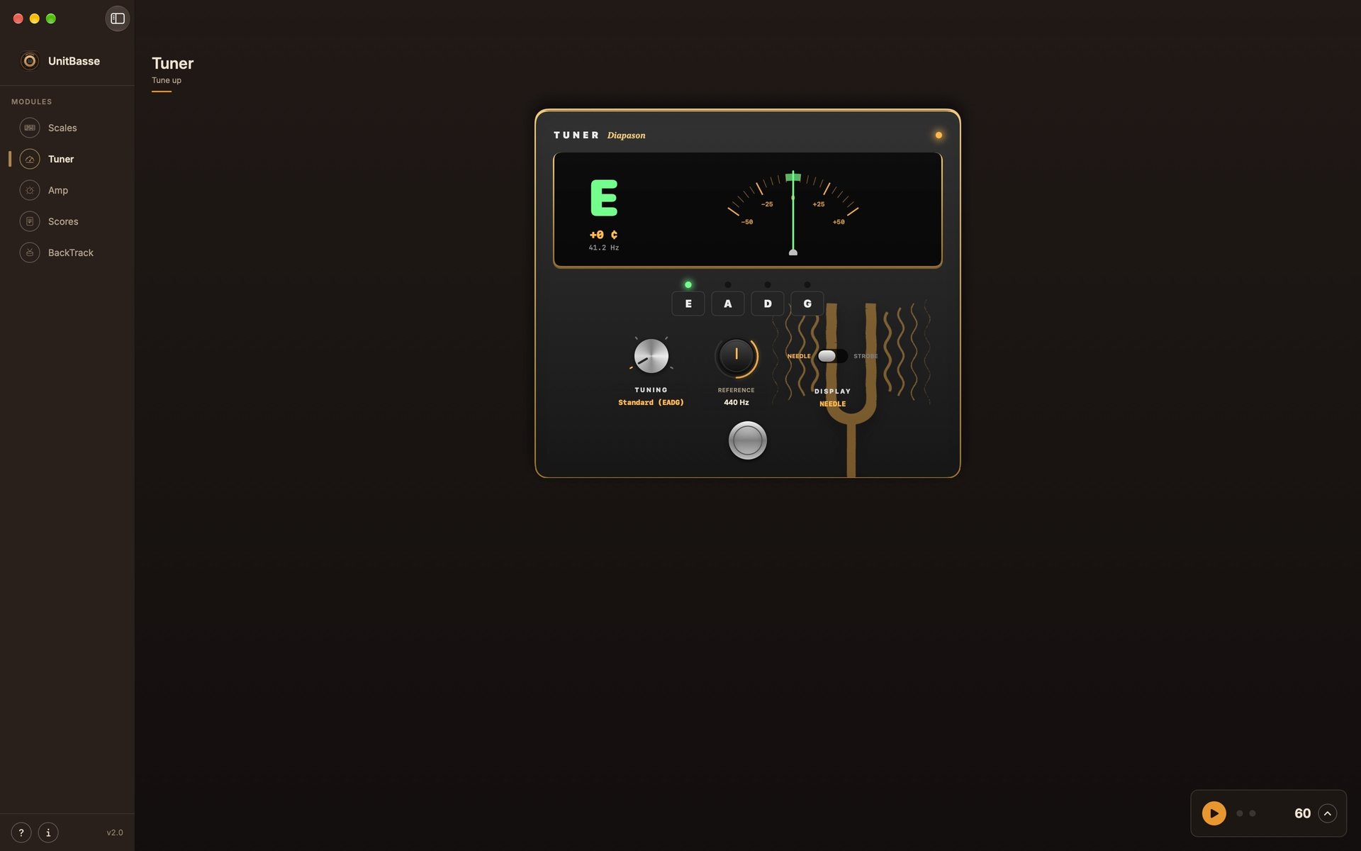 The Diapason tuner: the E string is in tune