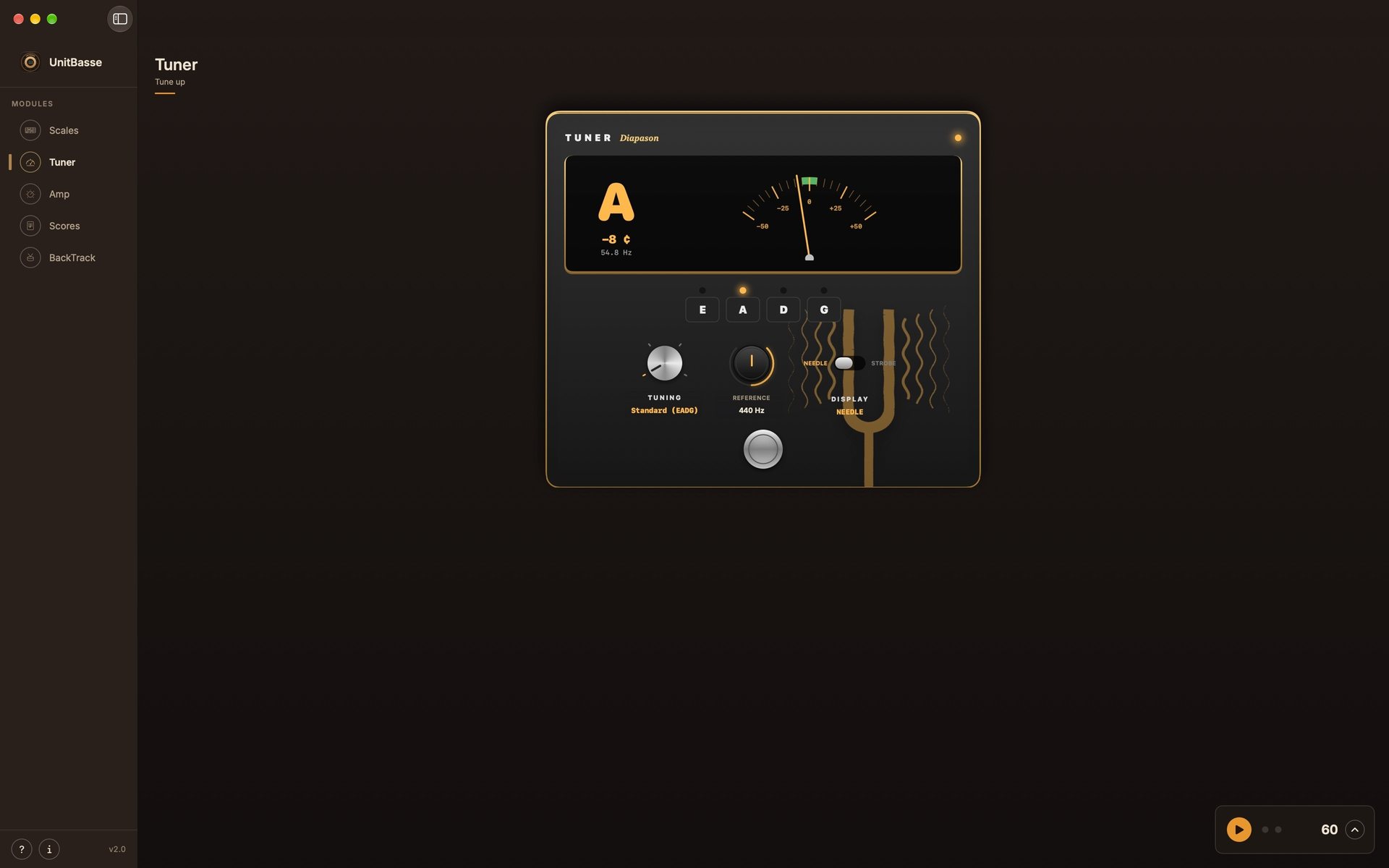 The UnitBasse Tuner in Needle display: the note A, 8 cents flat, with its frequency in hertz.