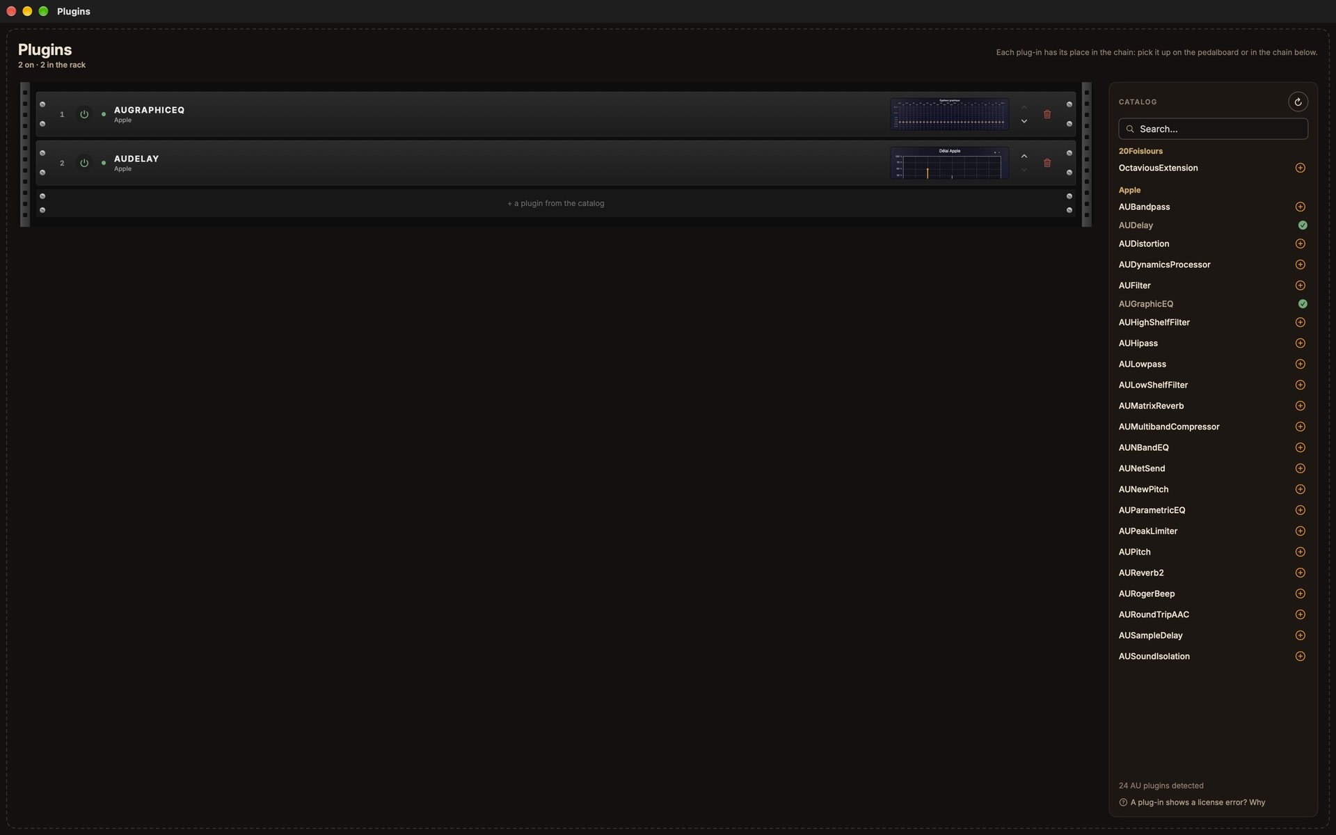 The rack of your Audio Units plugins