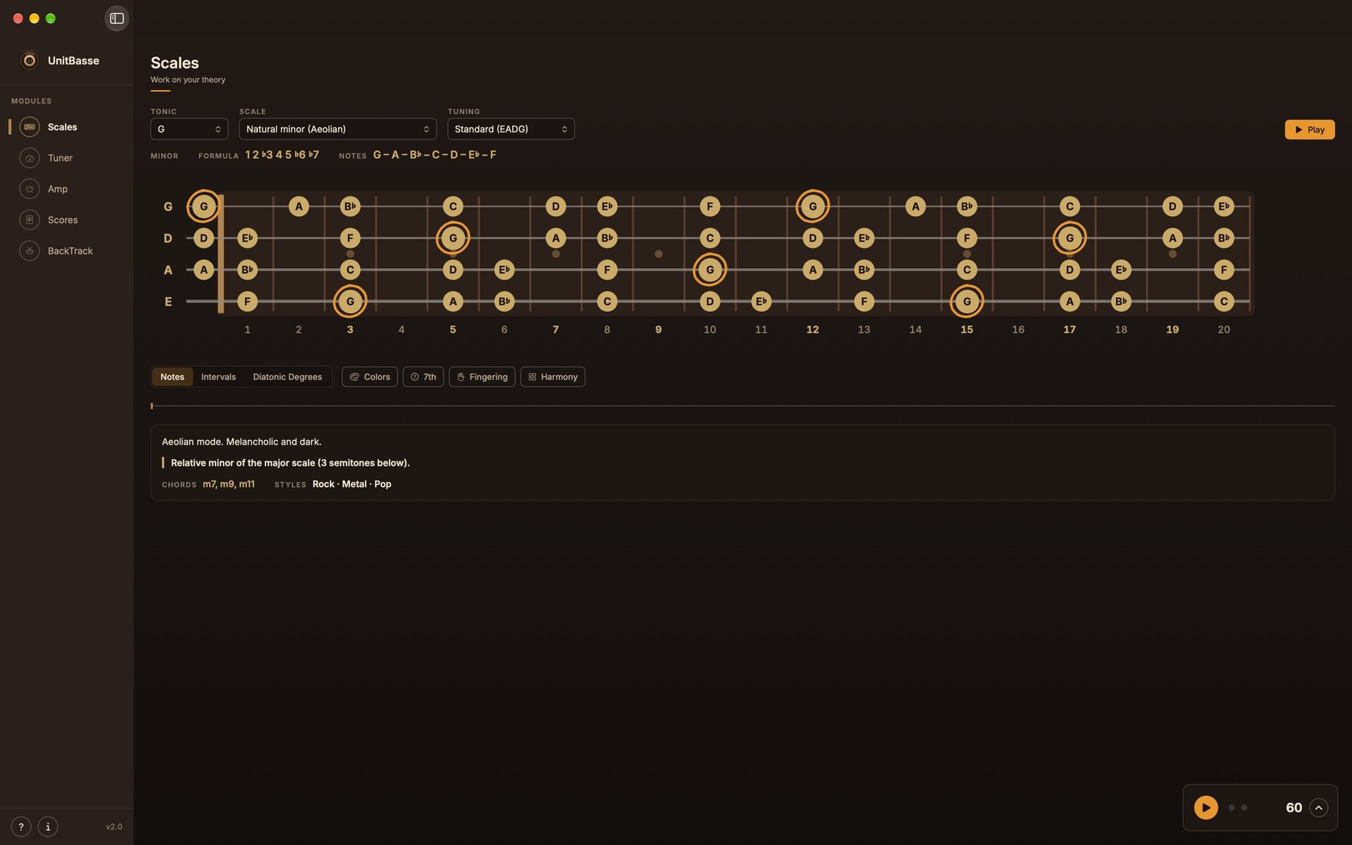 The Scales tab in UnitBasse: the G natural minor scale across the whole fretboard, from fret 0 to fret 20, with its formula and its notes above.