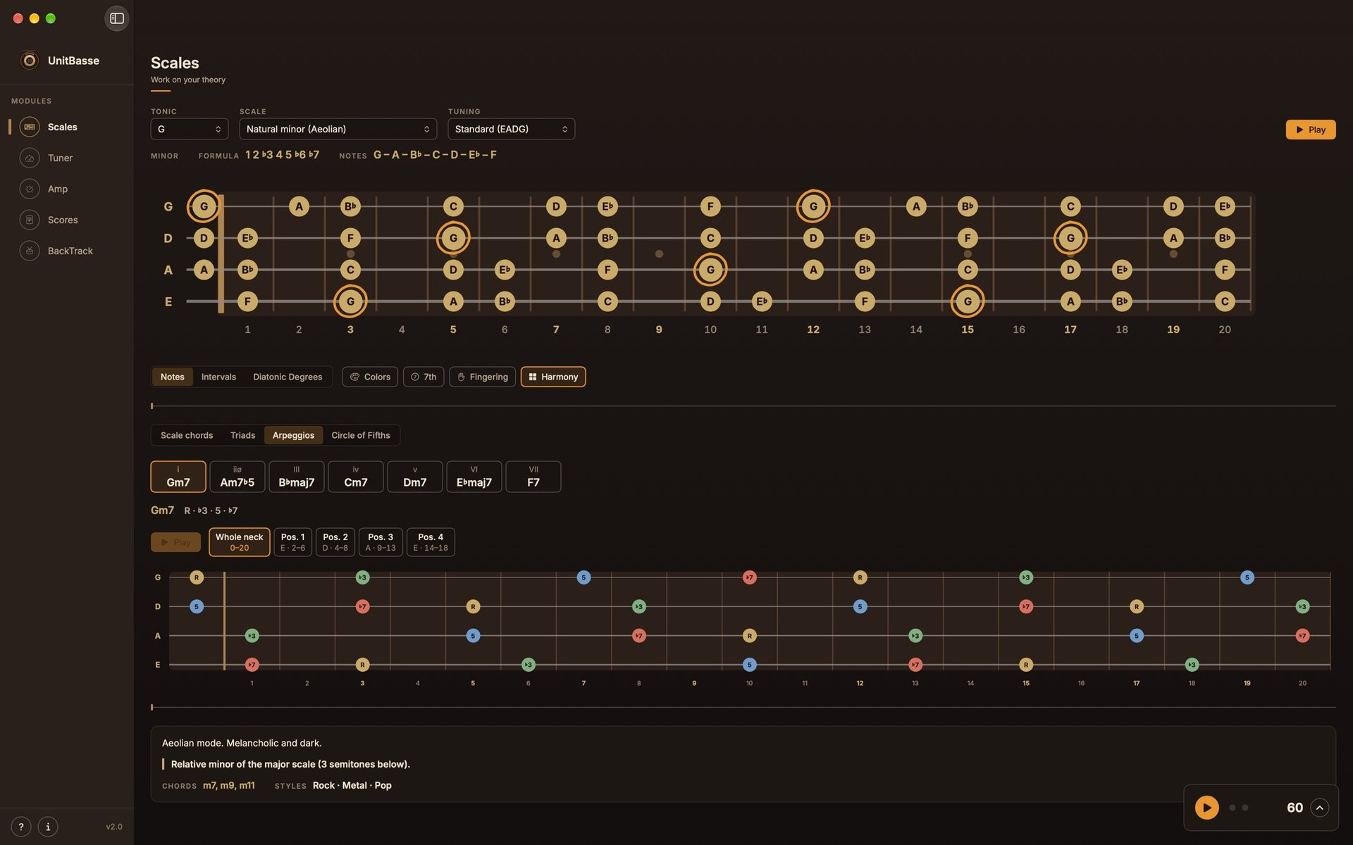 The Harmony block in the Scales tab, set to Arpeggios: the seven arpeggios in the key of G minor, from Gm7 to F7, and the fretboard showing the selected arpeggio, Gm7.