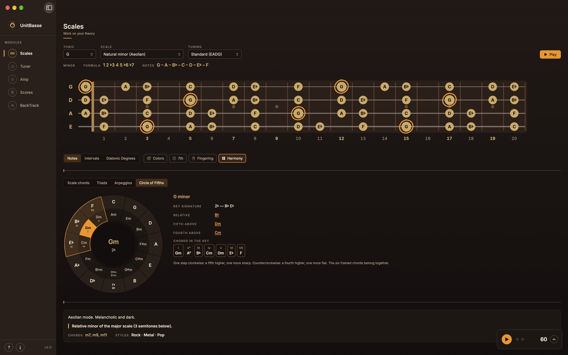 The Circle of Fifths in the Scales tab, set to G minor: the circle of keys, with the key signature, the relative key, the fifth and fourth above, and the chords in the key.