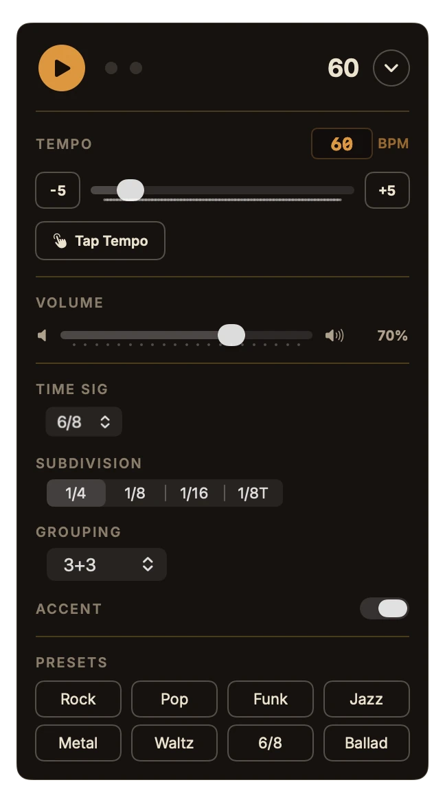 The open metronome: tempo, time signature, subdivision, presets