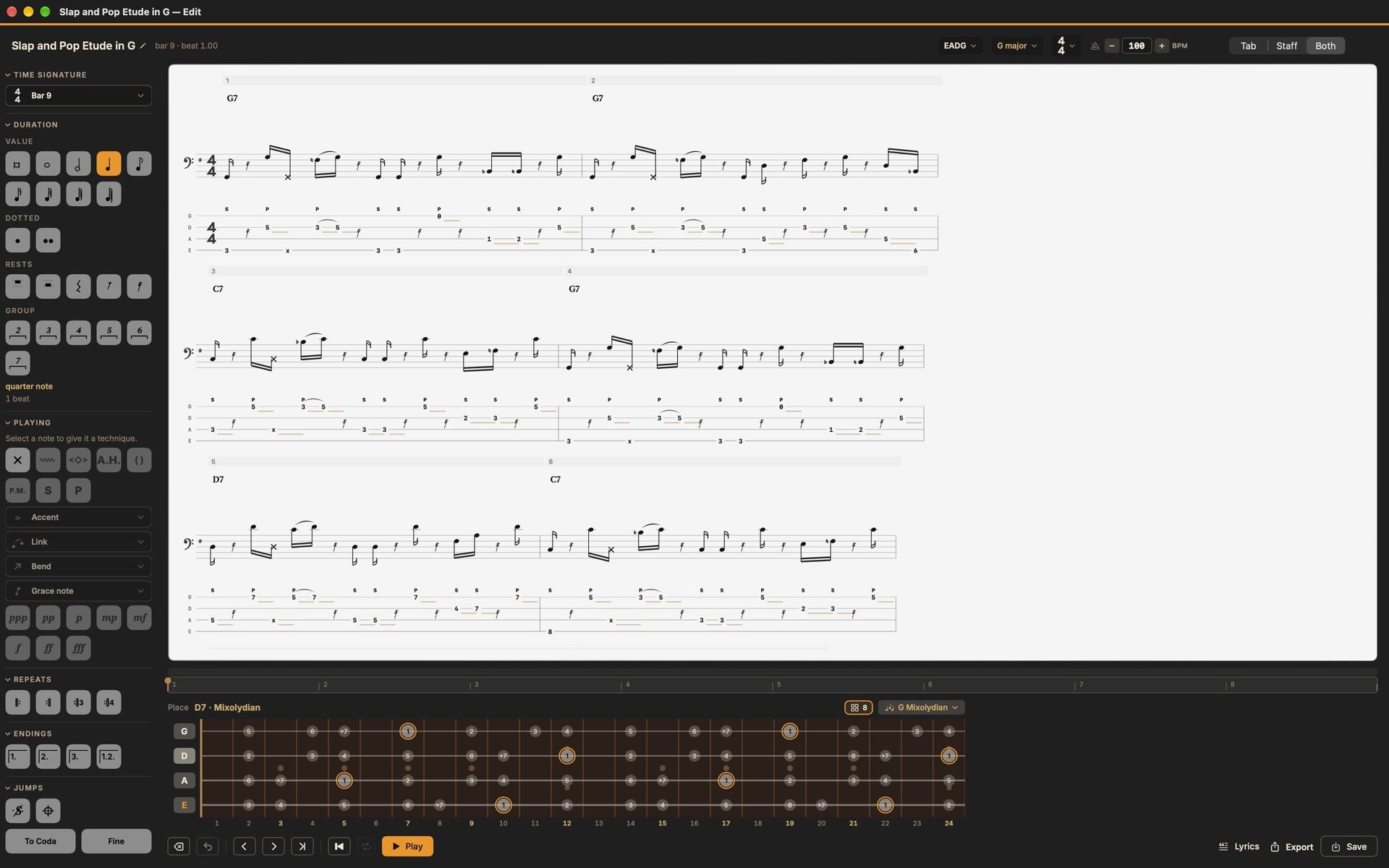 The Scores module: the editor, staff, tab and fretboard