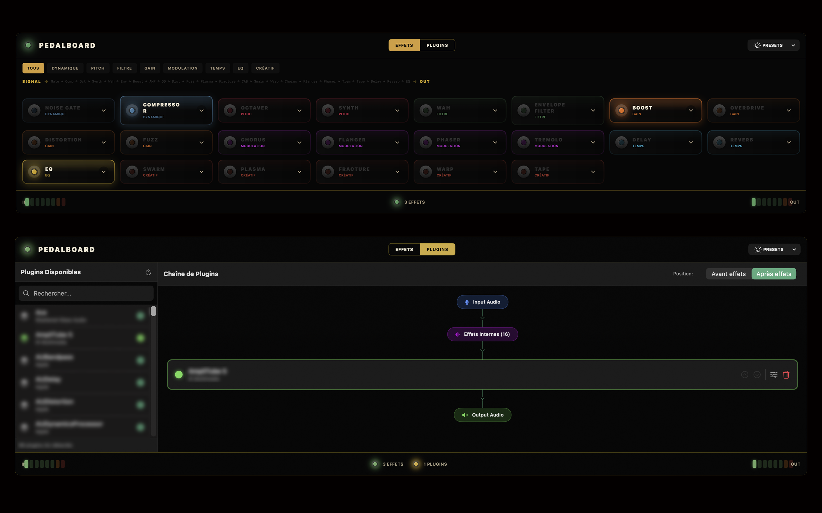 Pedalboard — 22 effets internes et plugins AU